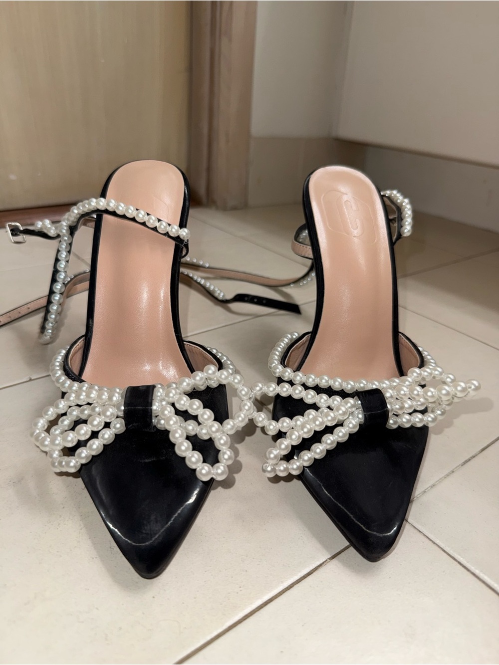 Black Pearl-Embellished Pointed Toe Women’s Heels